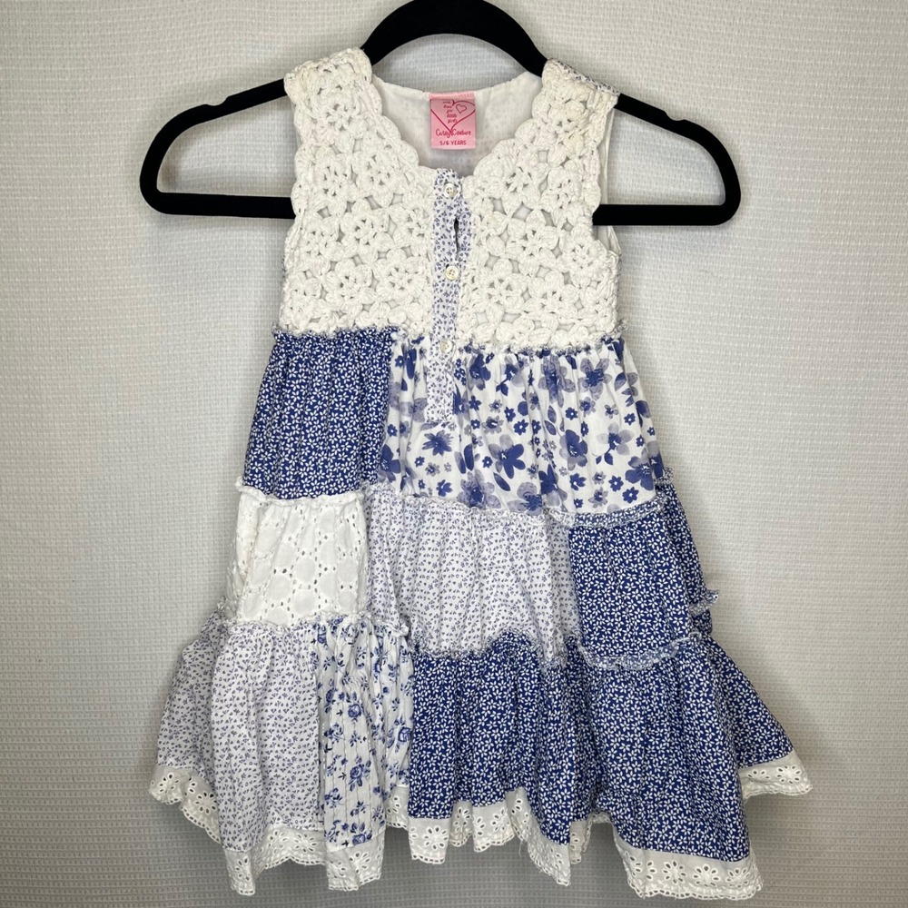 Cutey‎ Couture Girls Blue White Patchwork Crochet Tiered Dress 5/6 Boho Floral